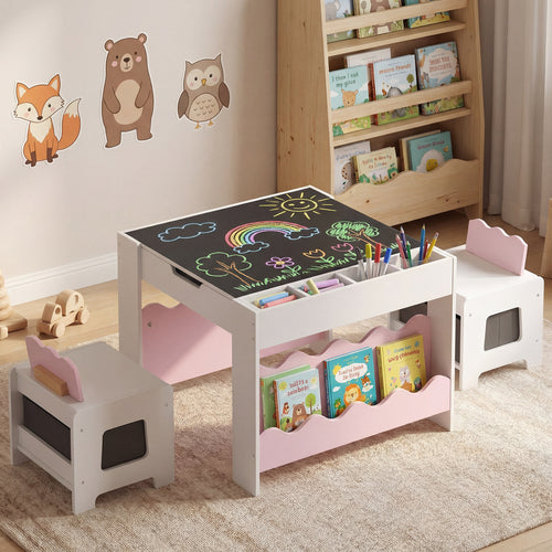 Kids Table And Chairs Set, Double-Sided Tabletop, Pink