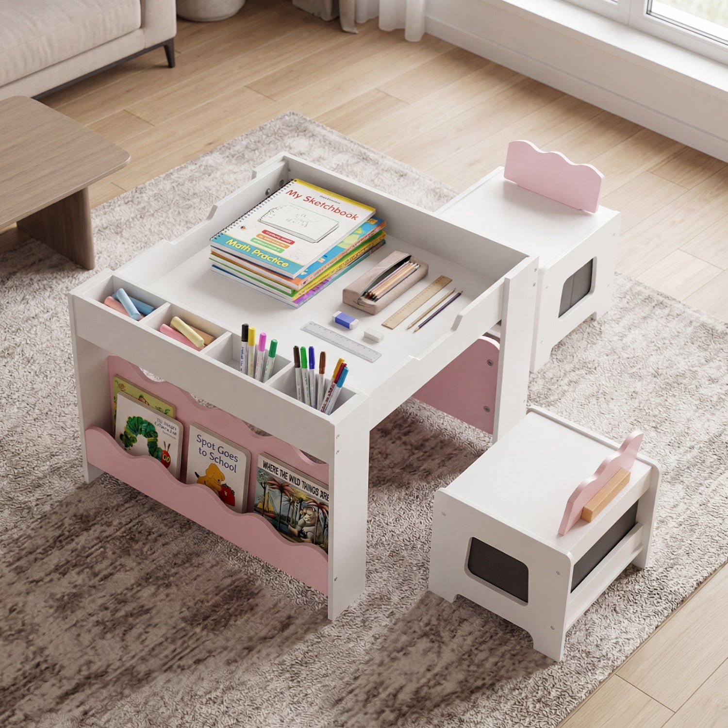 Kids Table And Chairs Set, Double-Sided Tabletop, Pink Kids Table & Chair Sets at Gallery Canada