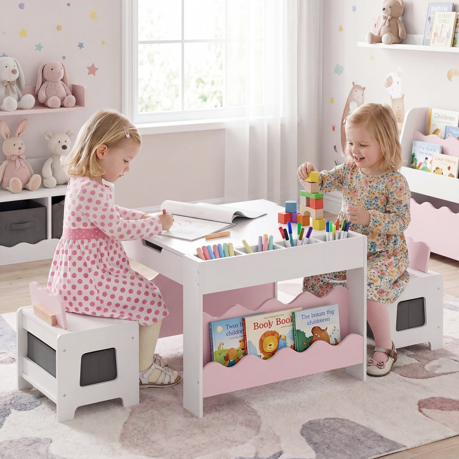 Kids Table And Chairs Set, Double-Sided Tabletop, Pink Kids Table & Chair Sets at Gallery Canada