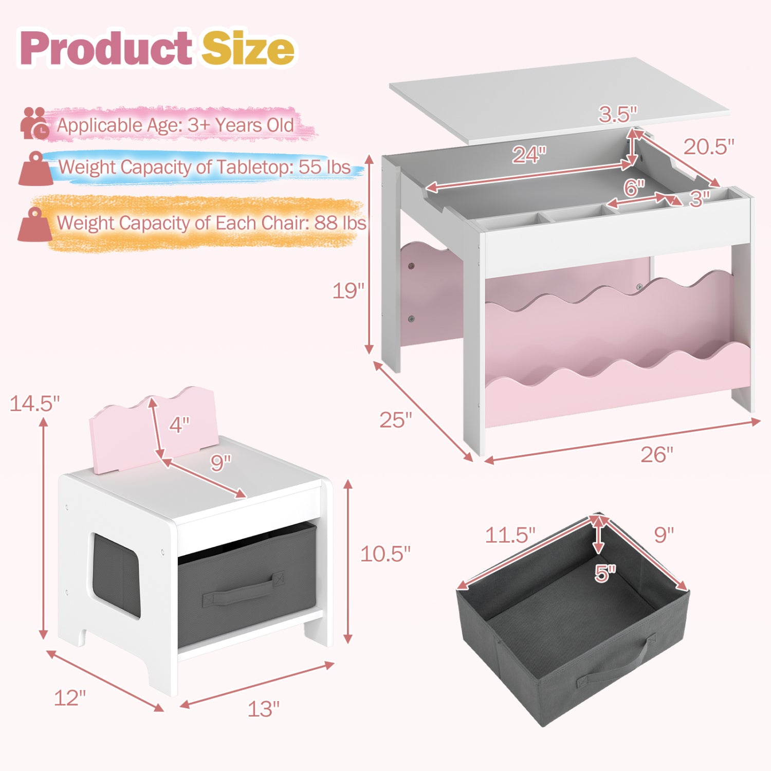 Kids Table And Chairs Set, Double-Sided Tabletop, Pink Kids Table & Chair Sets at Gallery Canada