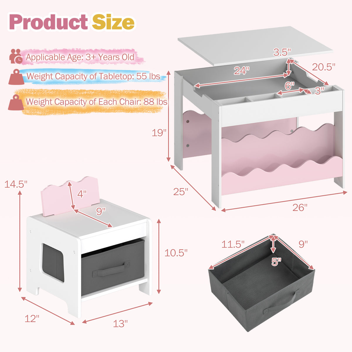 Kids Table And Chairs Set, Double-Sided Tabletop, Pink Kids Table & Chair Sets at Gallery Canada