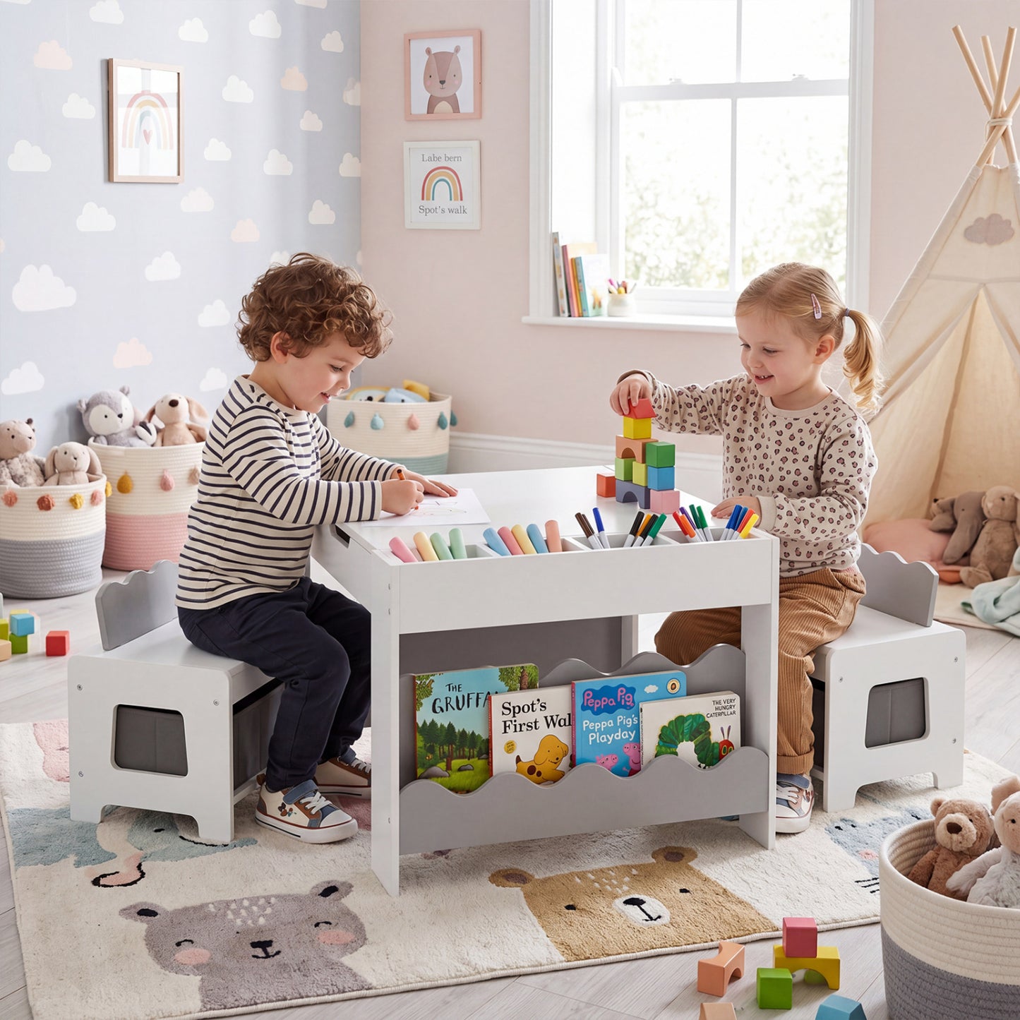 Kids Table And Chairs Set, Double-Sided Tabletop, Gray Kids Table & Chair Sets at Gallery Canada