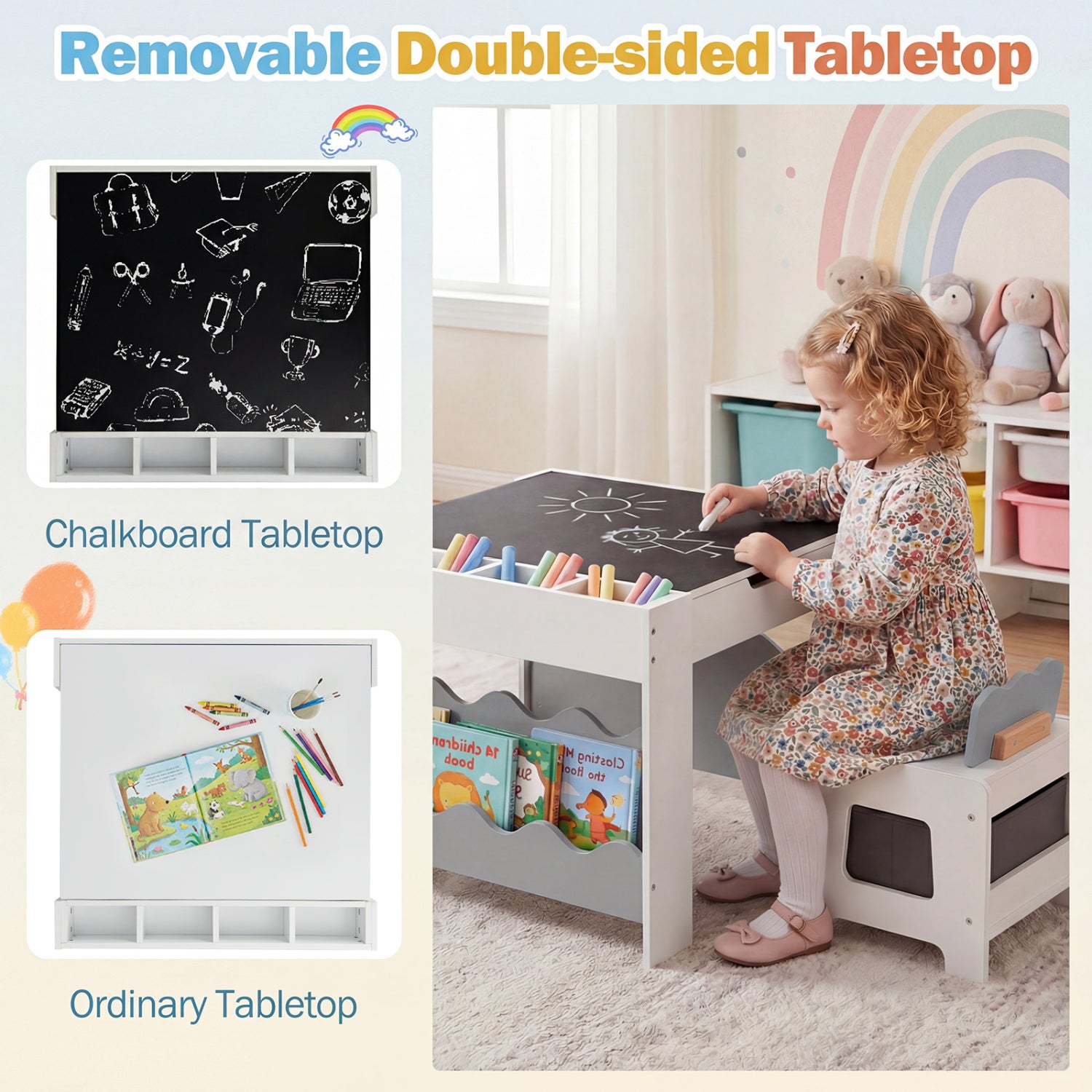 Kids Table And Chairs Set, Double-Sided Tabletop, Gray Kids Table & Chair Sets at Gallery Canada