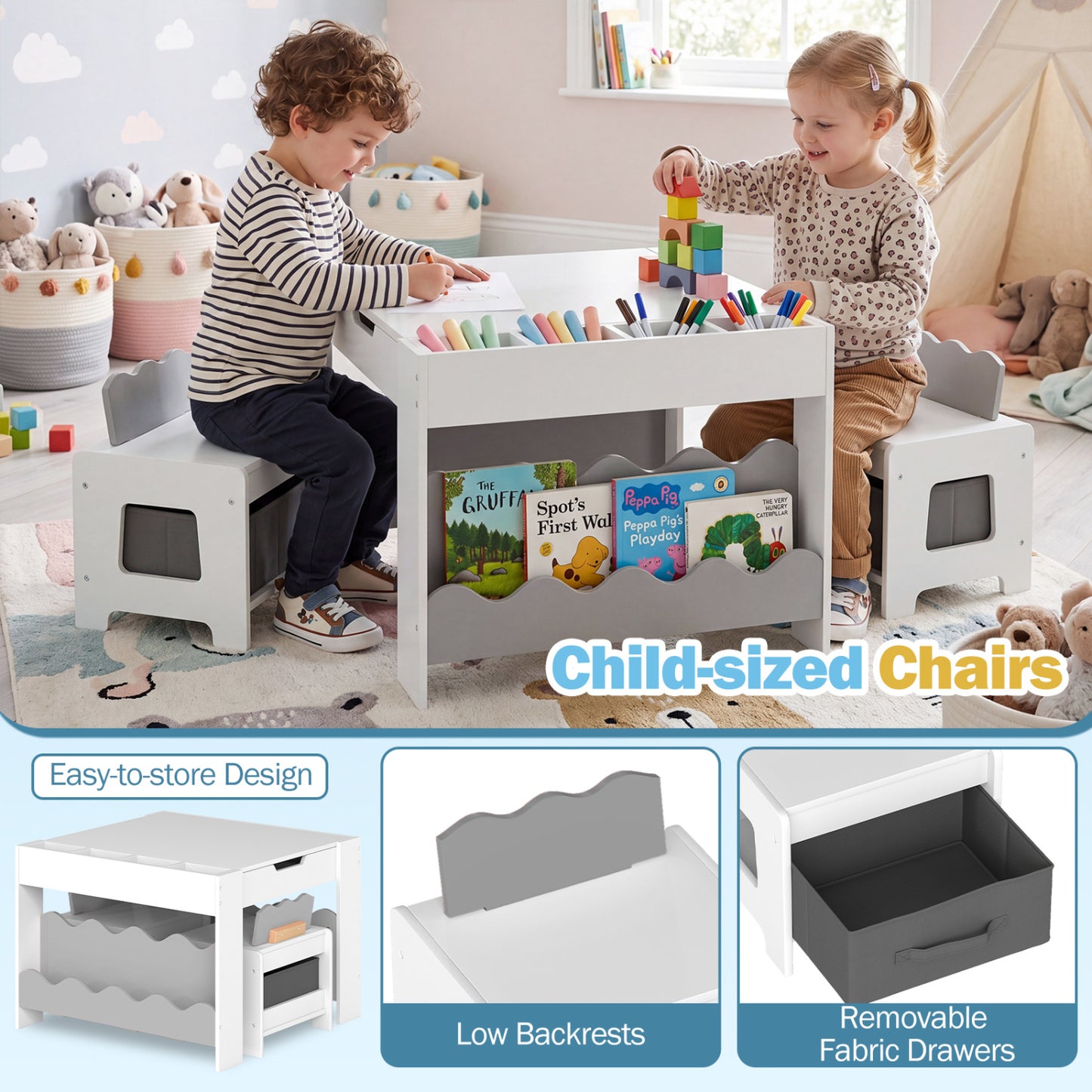 Kids Table And Chairs Set, Double-Sided Tabletop, Gray Kids Table & Chair Sets at Gallery Canada
