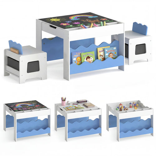 Kids Table And Chairs Set, Double-Sided Tabletop, Blue