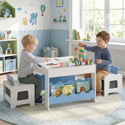 Kids Table And Chairs Set, Double-Sided Tabletop, Blue