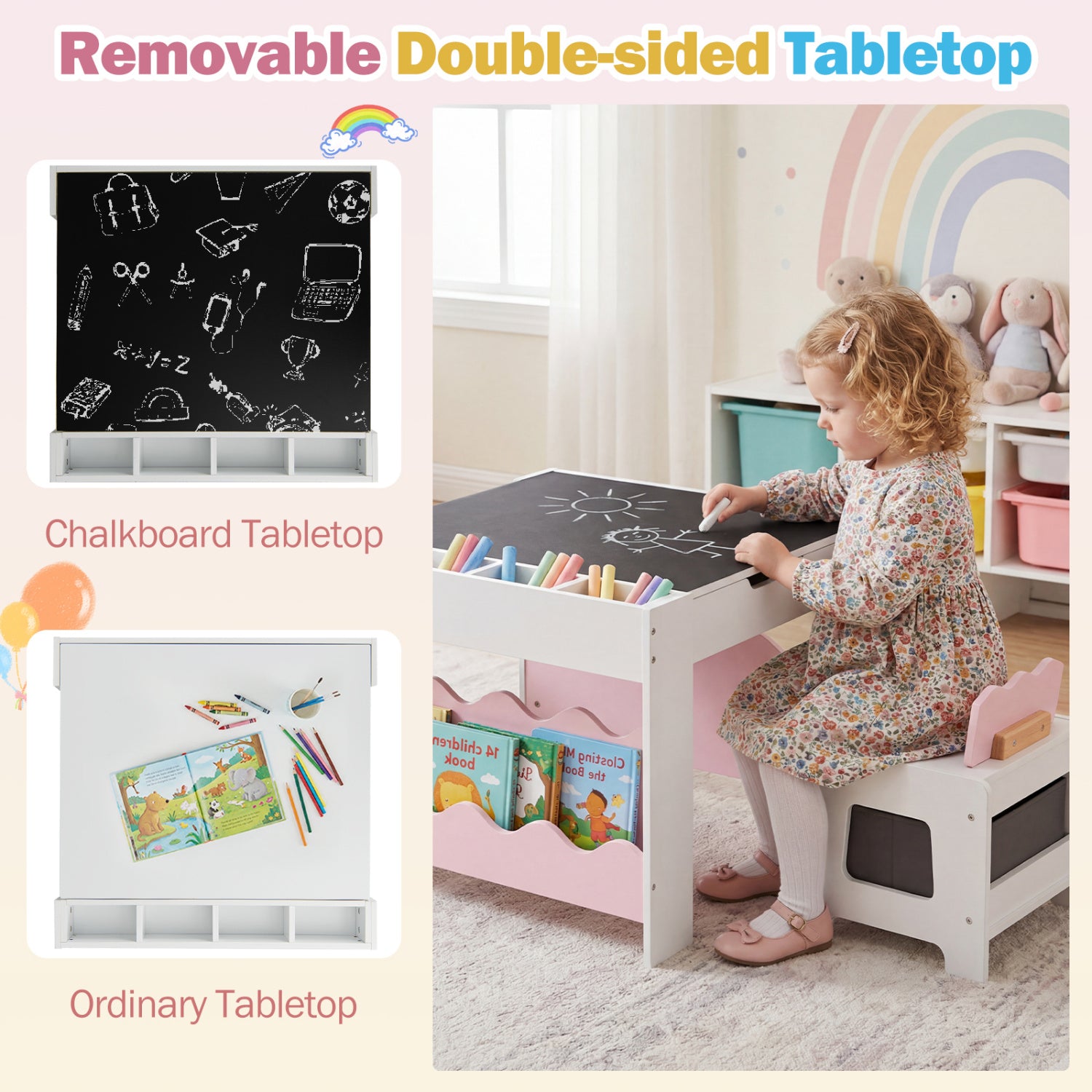 Kids Table And Chairs Set, Double-Sided Tabletop, Pink Kids Table & Chair Sets at Gallery Canada