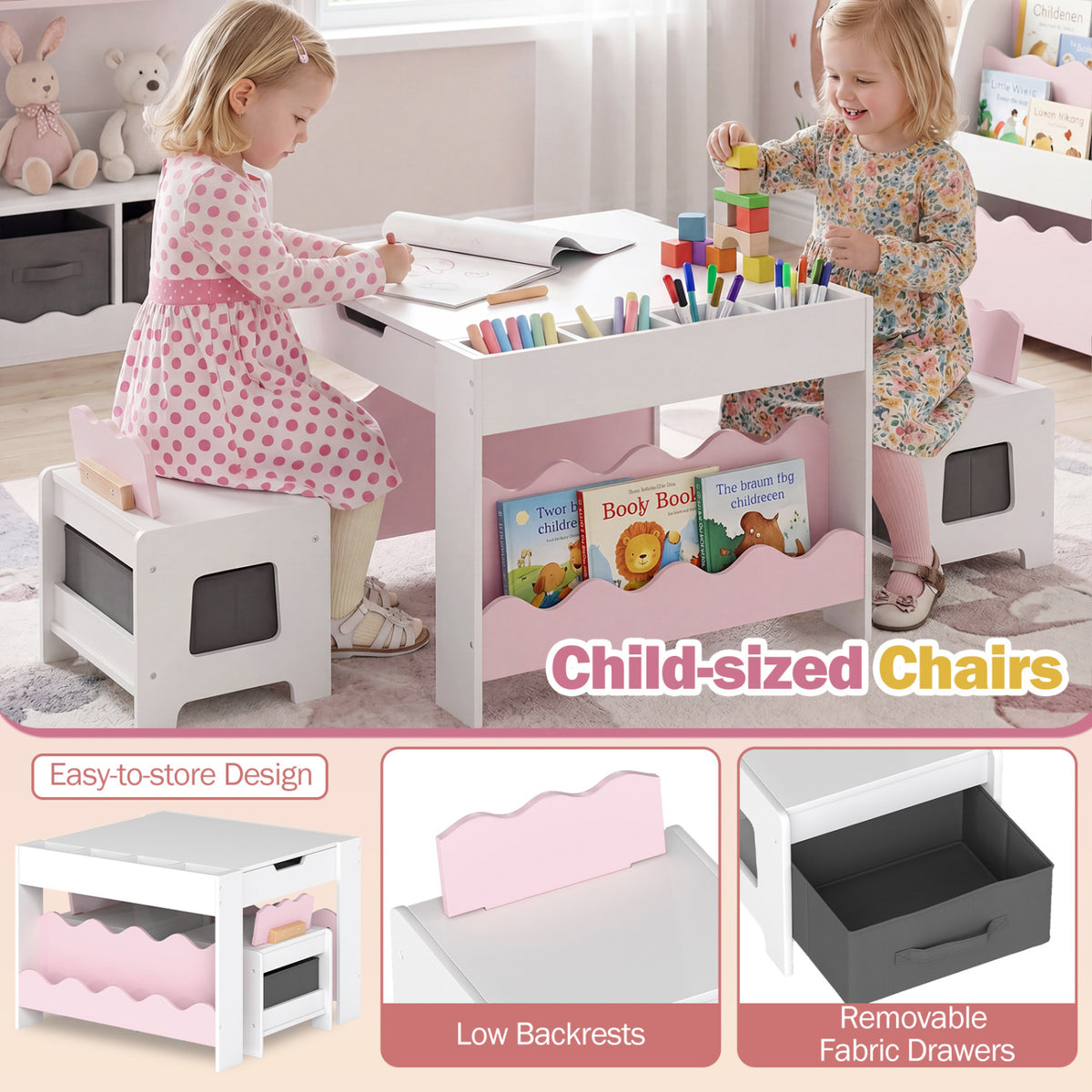 Kids Table And Chairs Set, Double-Sided Tabletop, Pink Kids Table & Chair Sets at Gallery Canada
