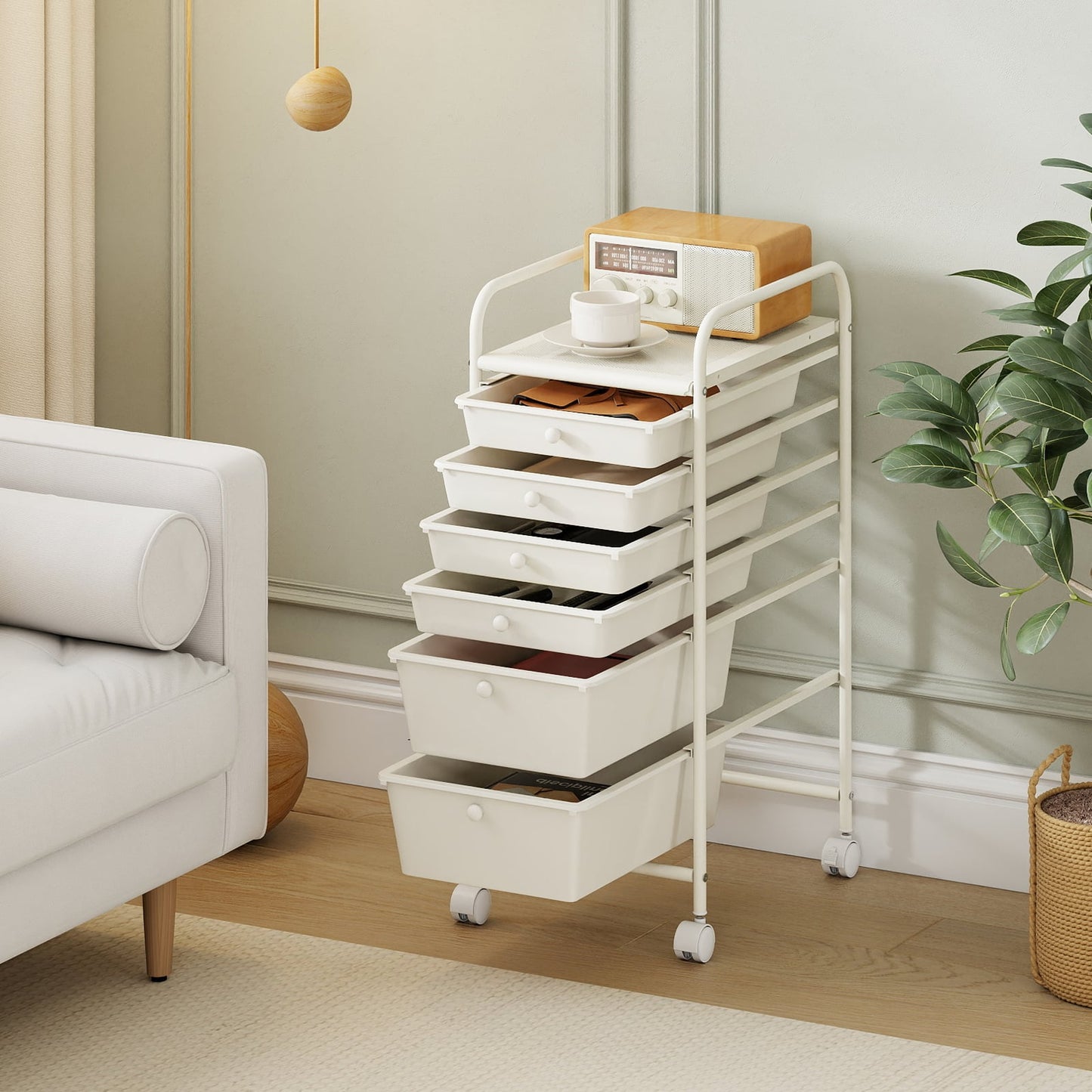Multifunctional 6 Drawers Rolling Storage Cart Organizer, White
