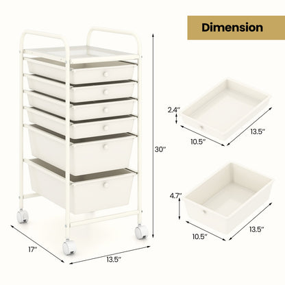 Multifunctional 6 Drawers Rolling Storage Cart Organizer, White