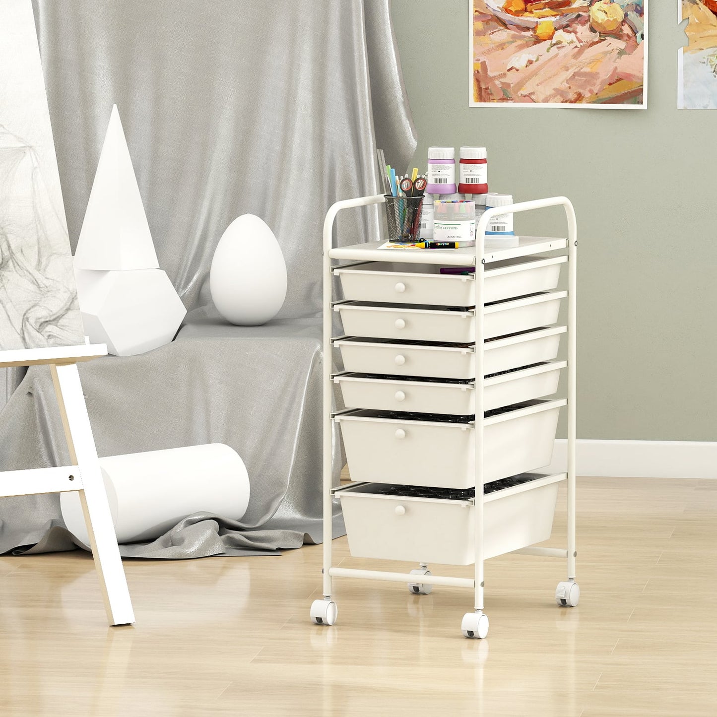 Multifunctional 6 Drawers Rolling Storage Cart Organizer, White
