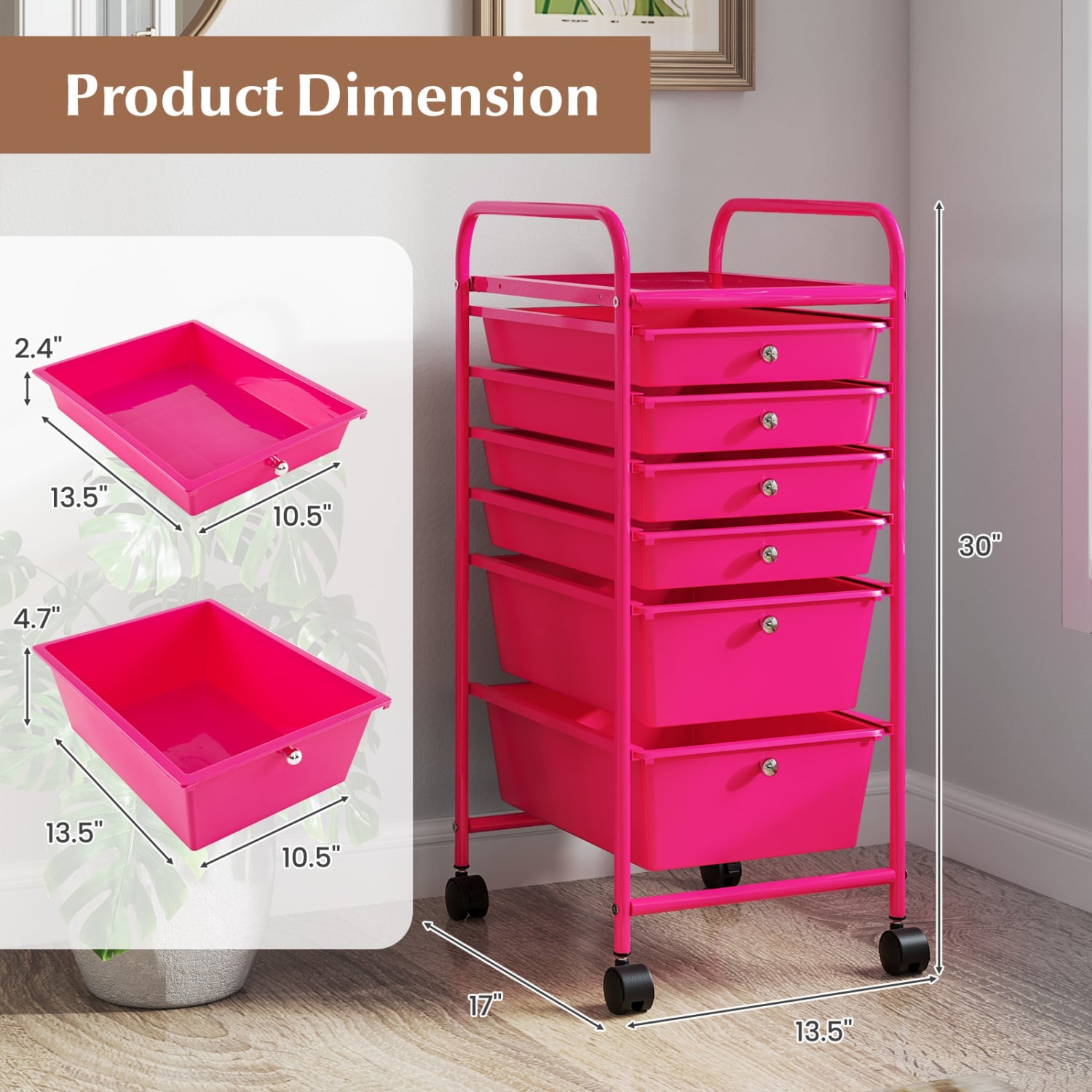 6 Drawers Rolling Storage Cart Organizer, Rose Red File Cabinets at Gallery Canada