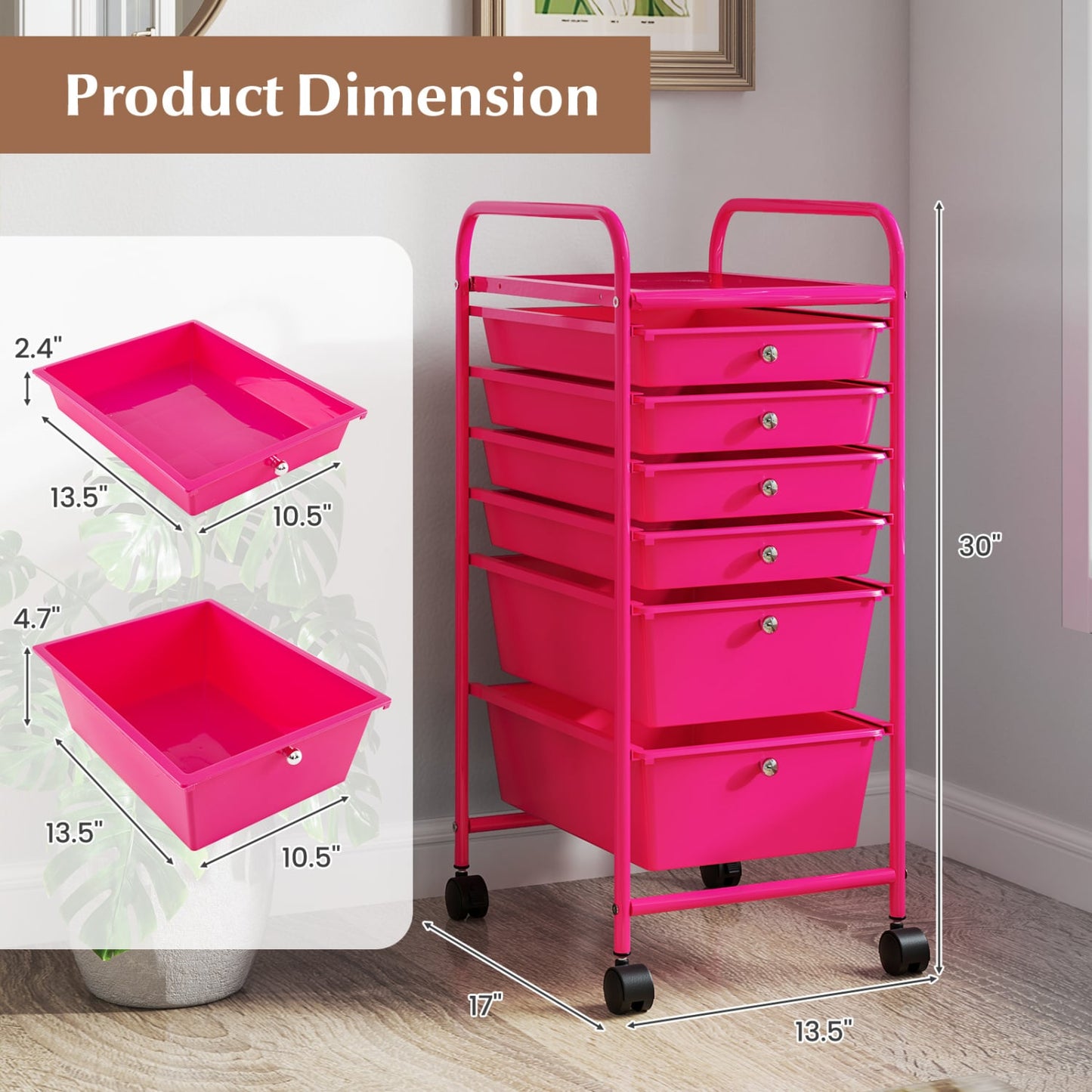 6 Drawers Rolling Storage Cart Organizer, Rose Red File Cabinets at Gallery Canada