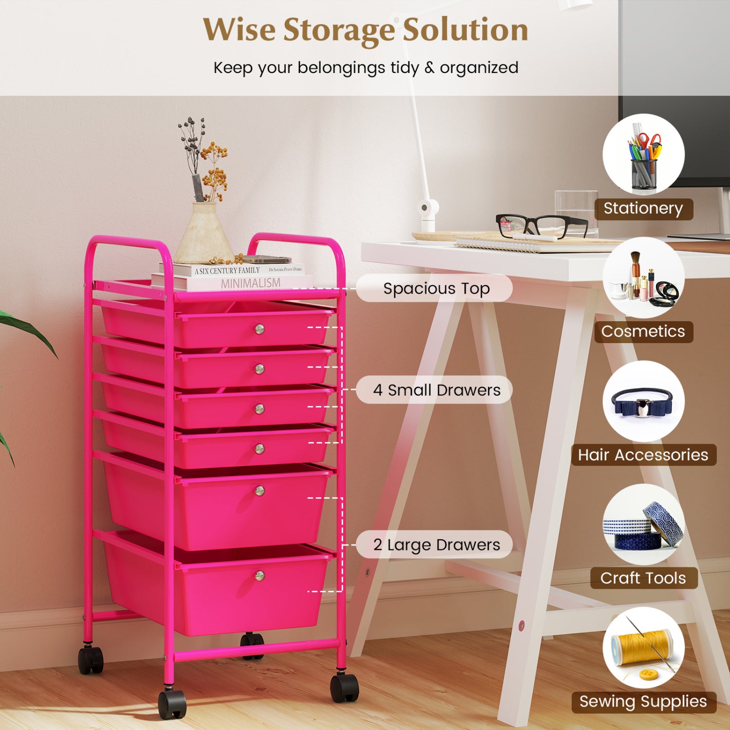 6 Drawers Rolling Storage Cart Organizer, Rose Red File Cabinets at Gallery Canada