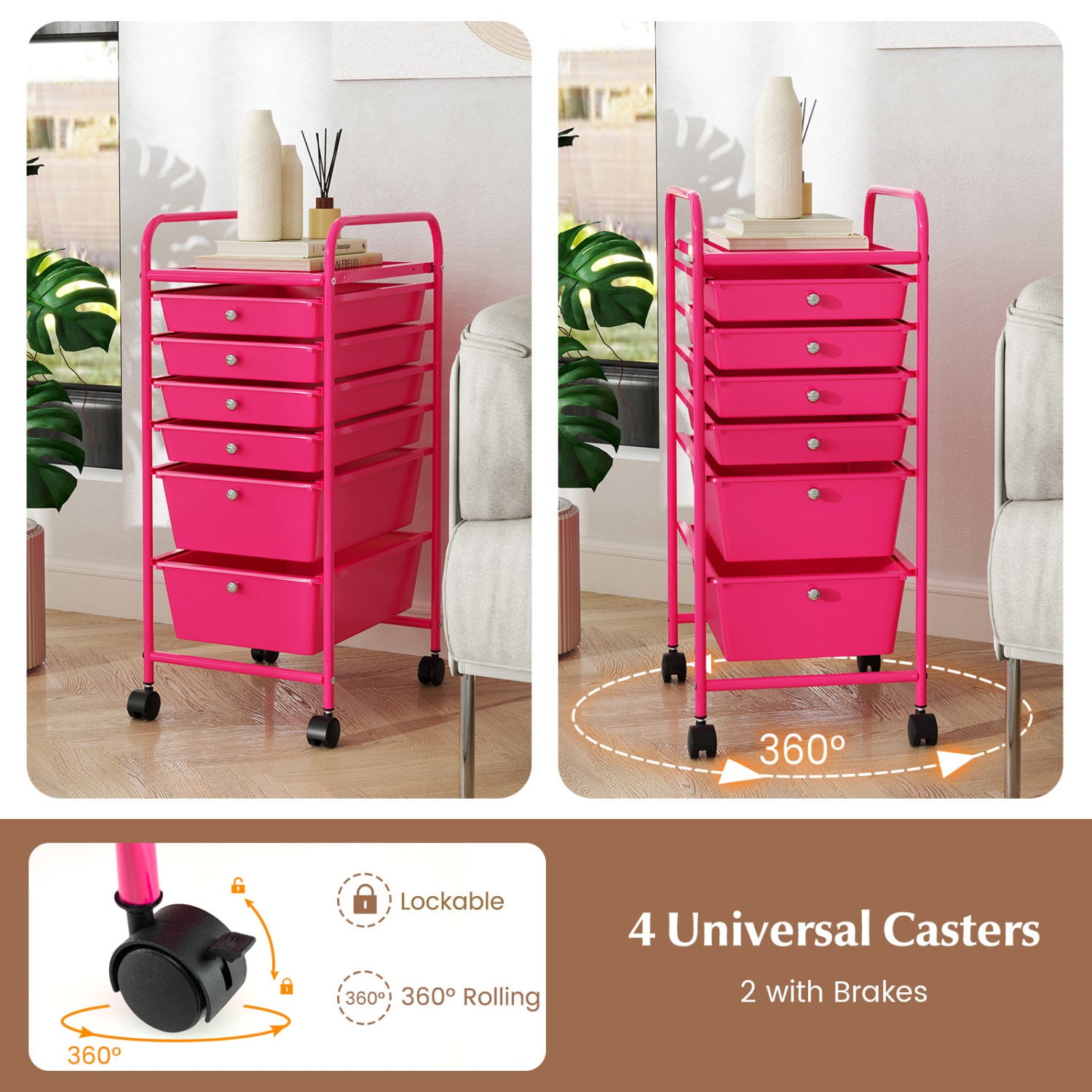 6 Drawers Rolling Storage Cart Organizer, Rose Red File Cabinets at Gallery Canada