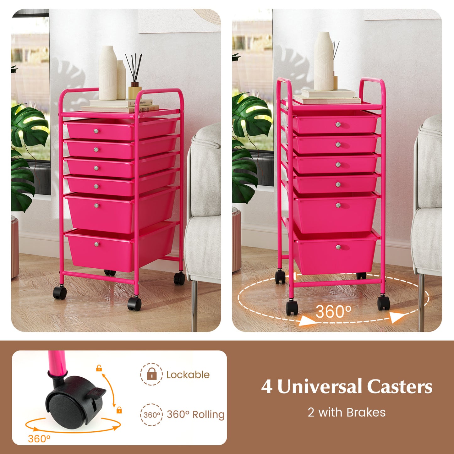 6 Drawers Rolling Storage Cart Organizer, Rose Red File Cabinets at Gallery Canada