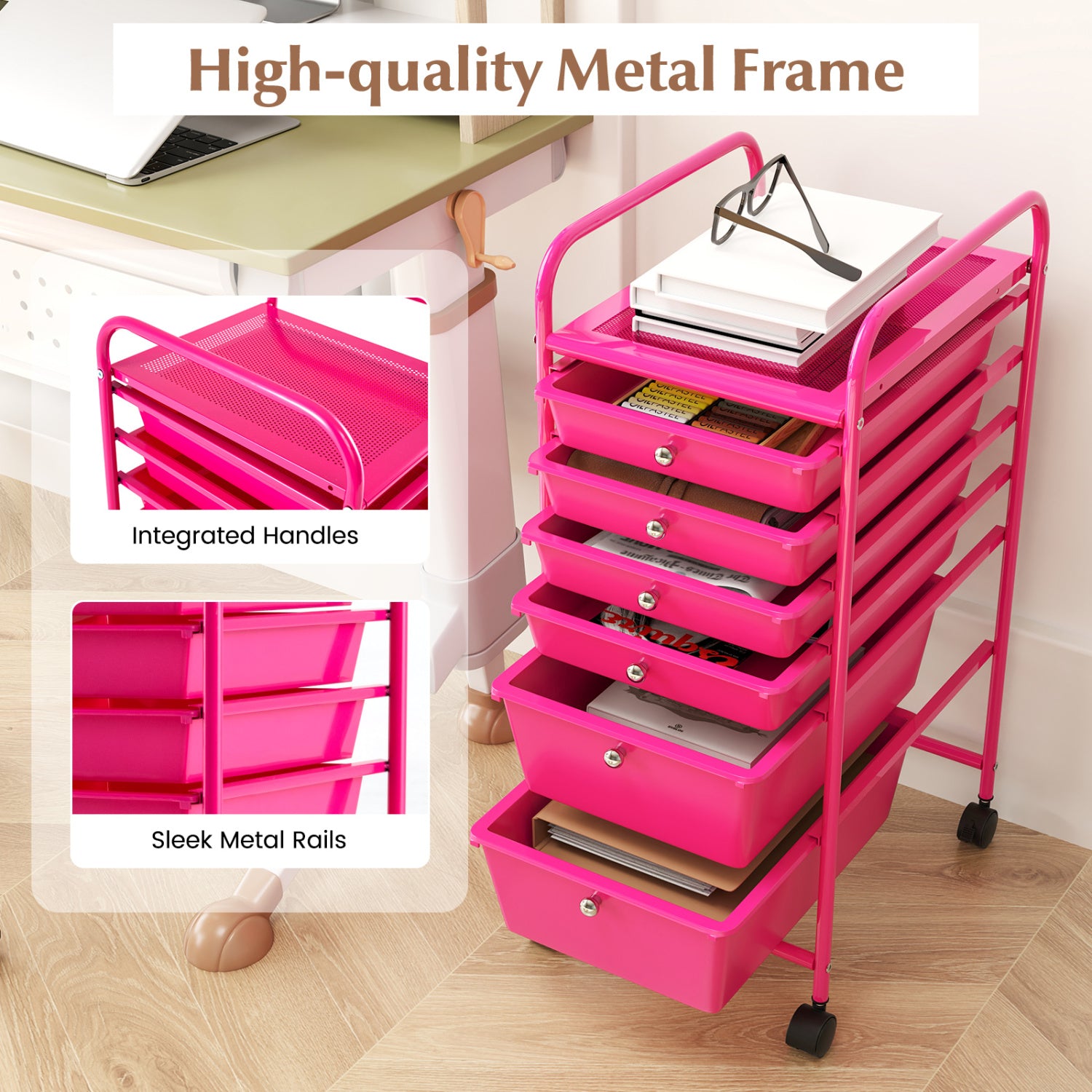 6 Drawers Rolling Storage Cart Organizer, Rose Red File Cabinets at Gallery Canada