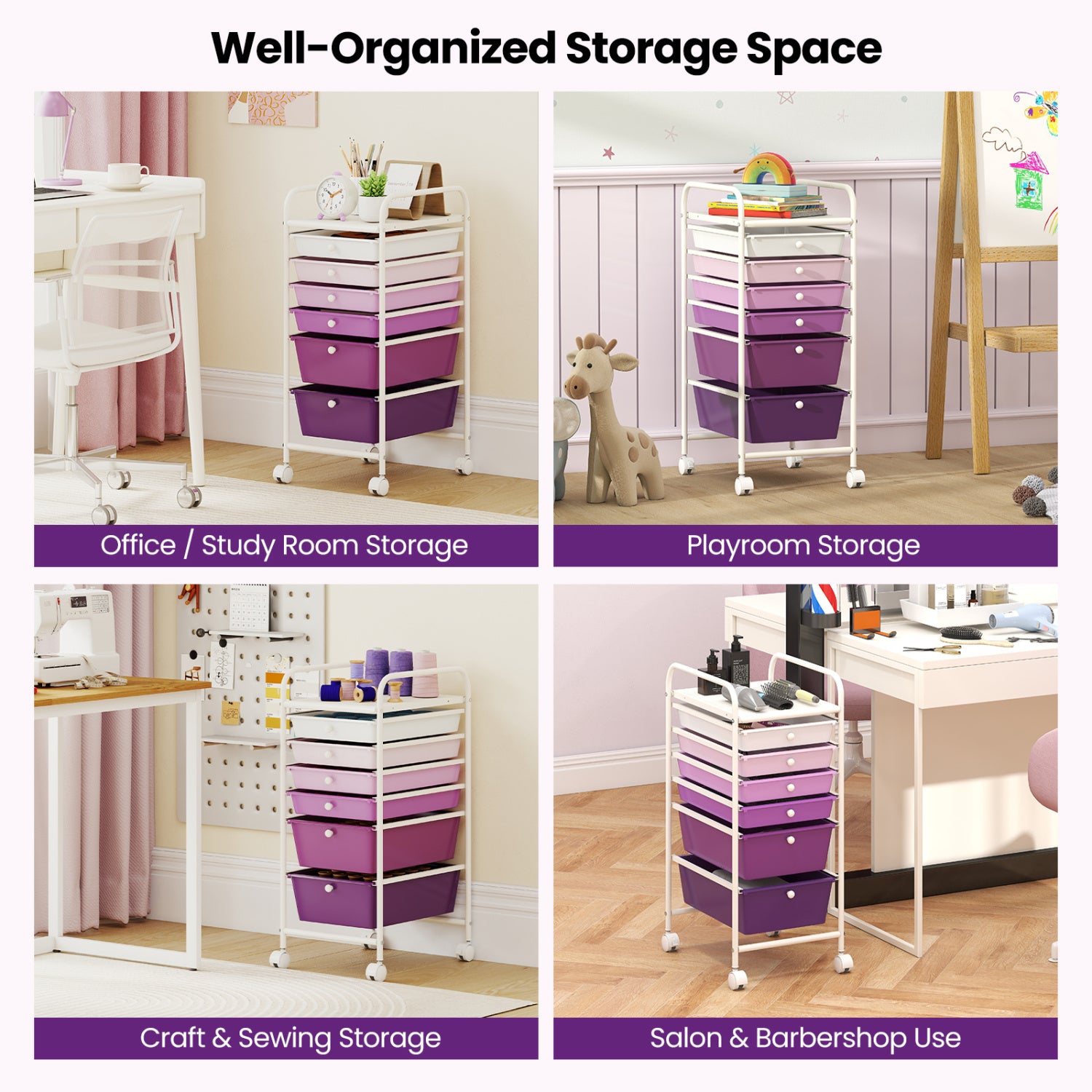6 Drawers Rolling Storage Cart Organizer, Purple Gradient File Cabinets at Gallery Canada
