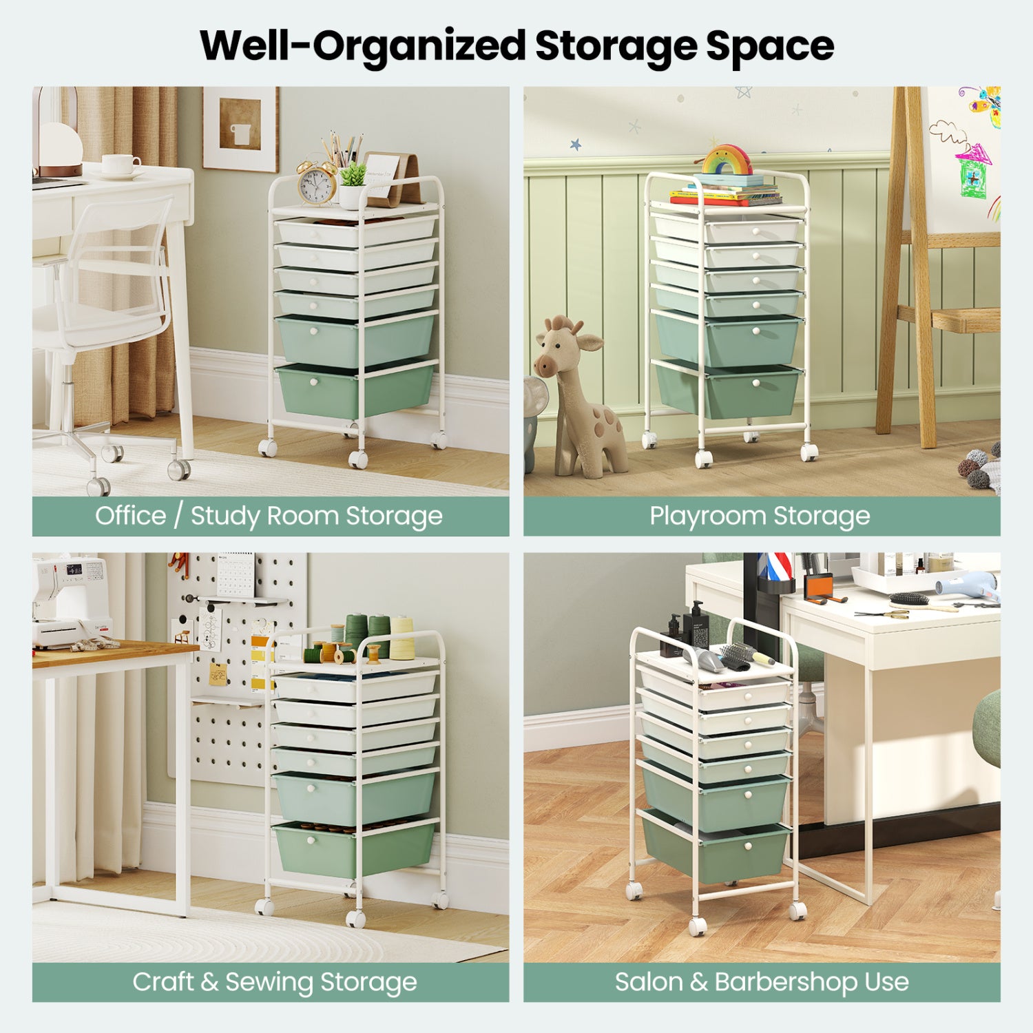 Multifunctional 6 Drawers Rolling Storage Cart Organizer, Green Gradient File Cabinets at Gallery Canada