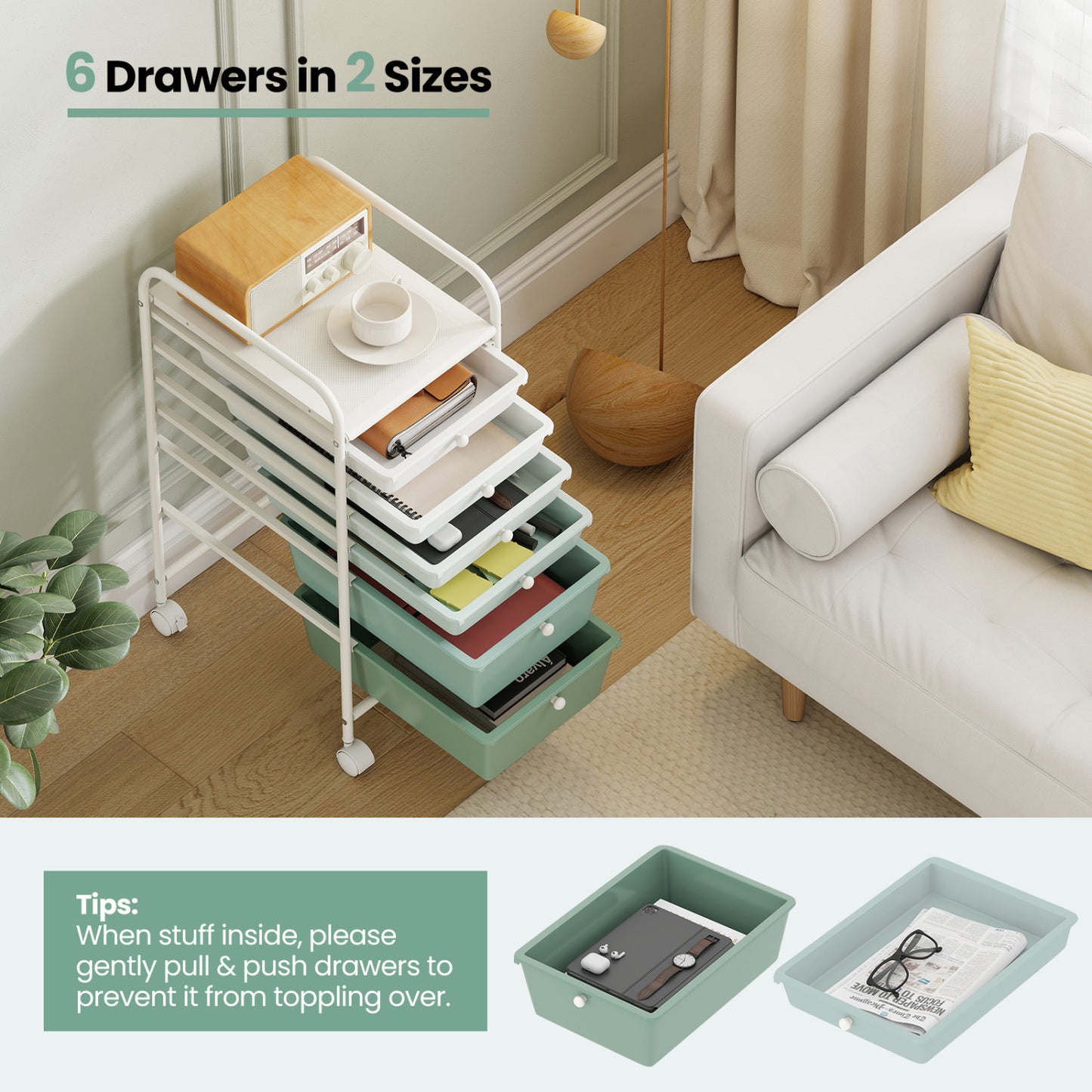 Multifunctional 6 Drawers Rolling Storage Cart Organizer, Green Gradient File Cabinets at Gallery Canada