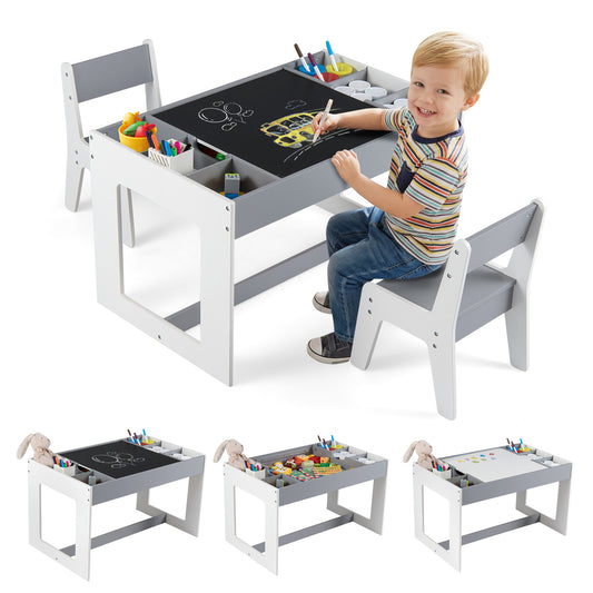 Multifunctional Kids Table and 2 Chairs Set with Chalkboard, Gray Kids Table & Chair Sets Gray at Gallery Canada