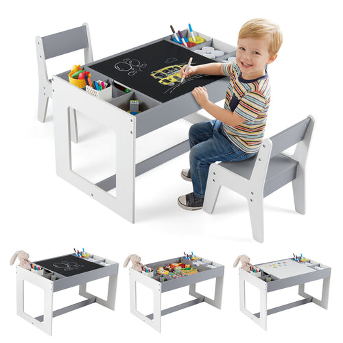 Multifunctional Kids Table and 2 Chairs Set with Chalkboard, Gray