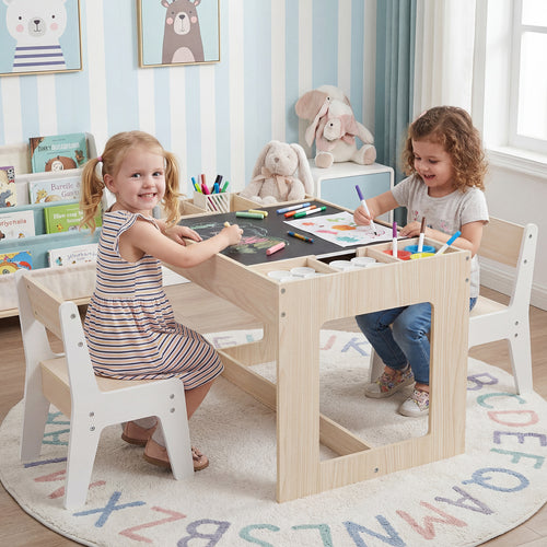 Multifunctional Kids Table and 2 Chairs Set with Chalkboard, Natural
