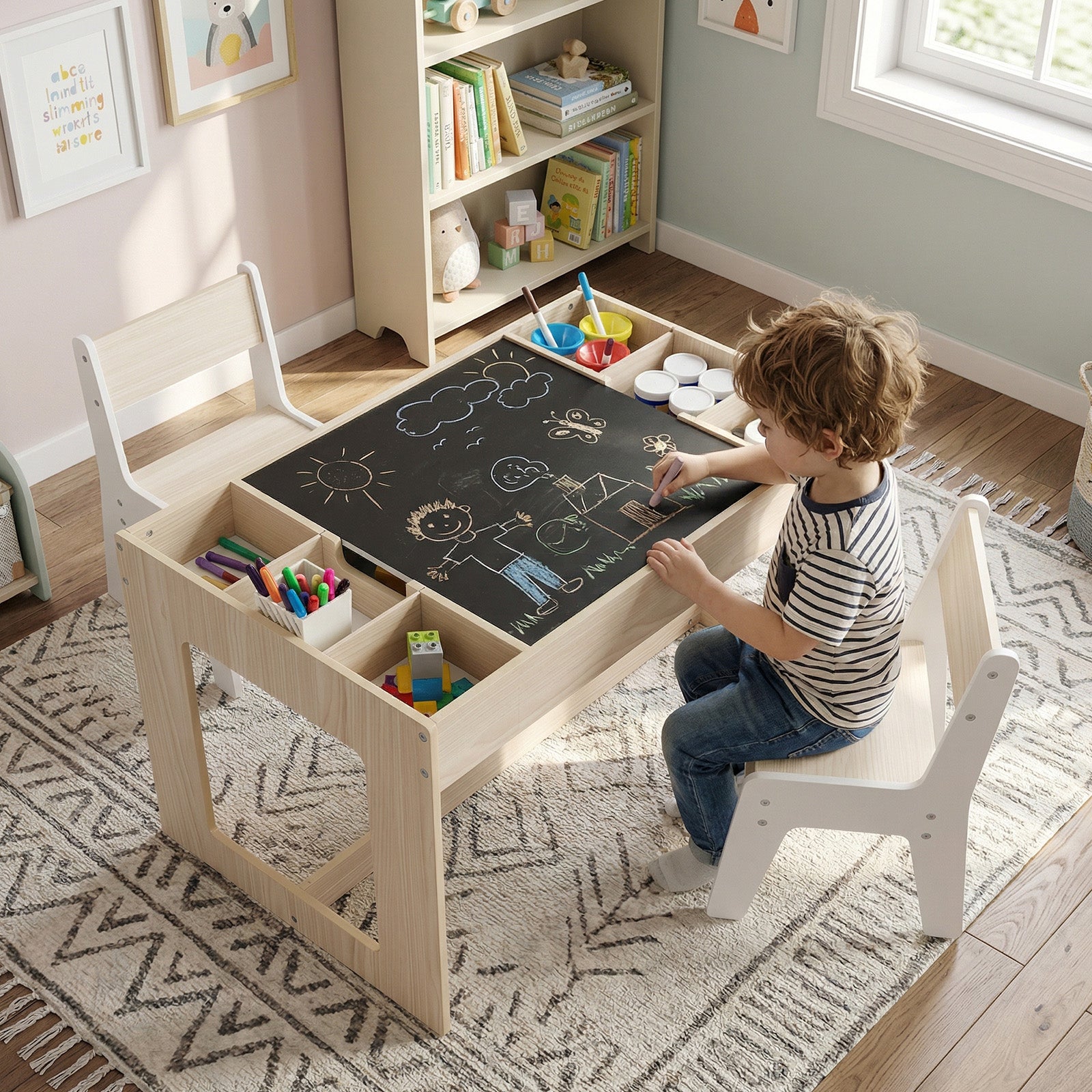 Multifunctional Kids Table and 2 Chairs Set with Chalkboard, Natural Kids Table & Chair Sets at Gallery Canada