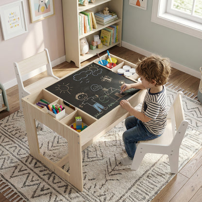 Multifunctional Kids Table and 2 Chairs Set with Chalkboard, Natural Kids Table & Chair Sets at Gallery Canada
