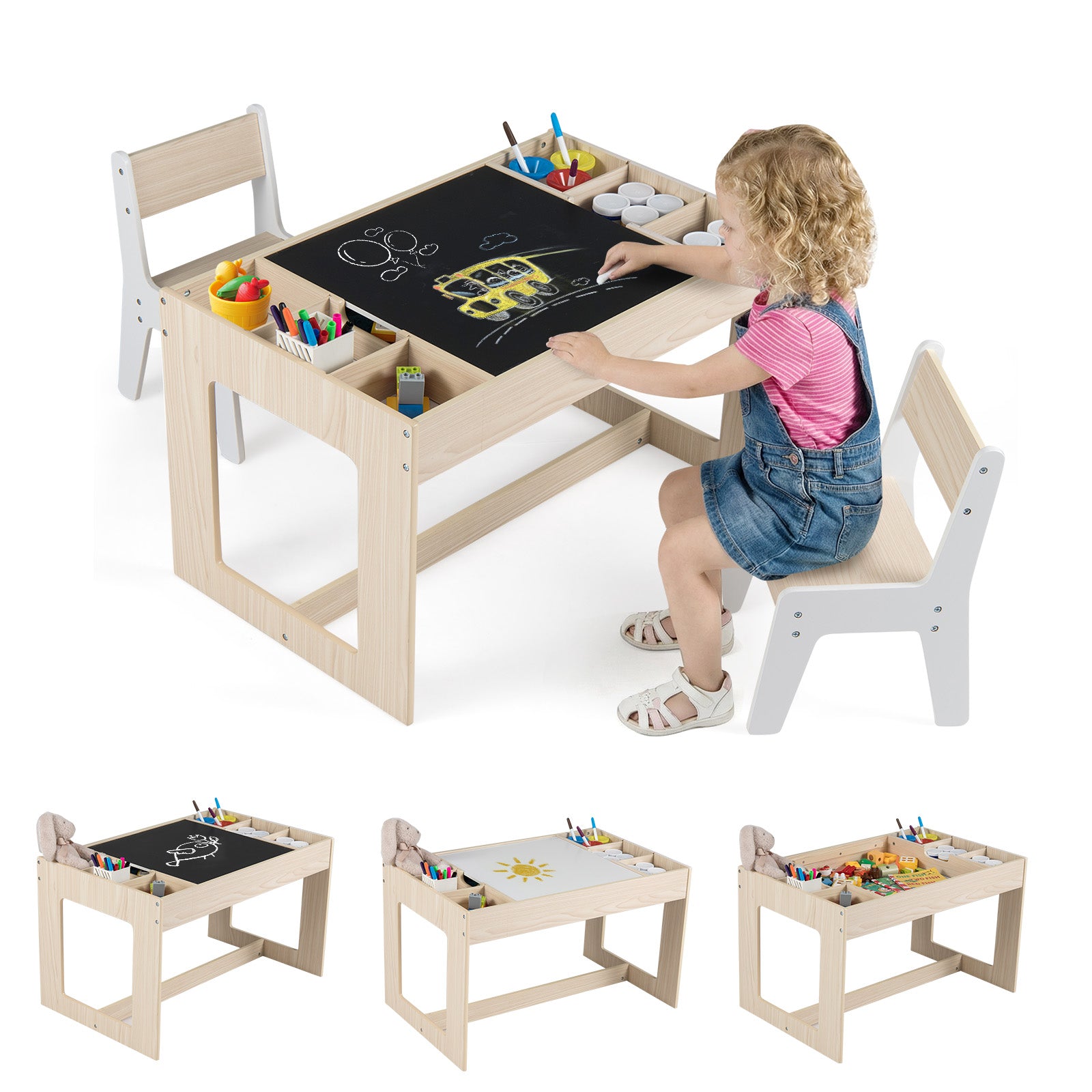 Multifunctional Kids Table and 2 Chairs Set with Chalkboard, Natural Kids Table & Chair Sets at Gallery Canada