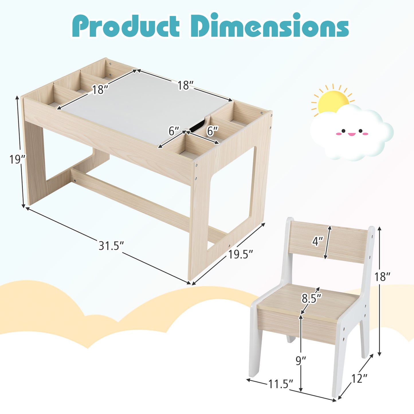 Multifunctional Kids Table and 2 Chairs Set with Chalkboard, Natural Kids Table & Chair Sets at Gallery Canada