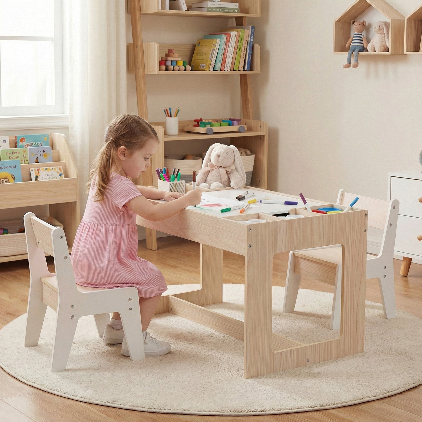 Multifunctional Kids Table and 2 Chairs Set with Chalkboard, Natural Kids Table & Chair Sets at Gallery Canada