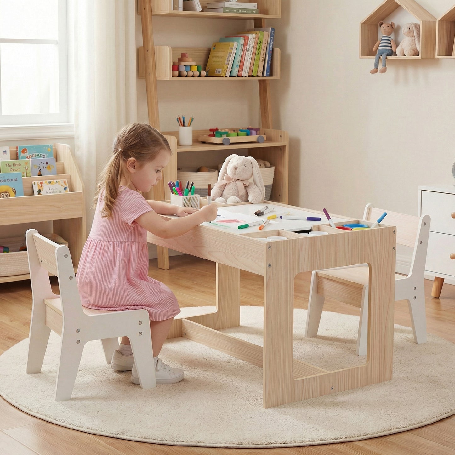 Multifunctional Kids Table and 2 Chairs Set with Chalkboard, Natural Kids Table & Chair Sets at Gallery Canada