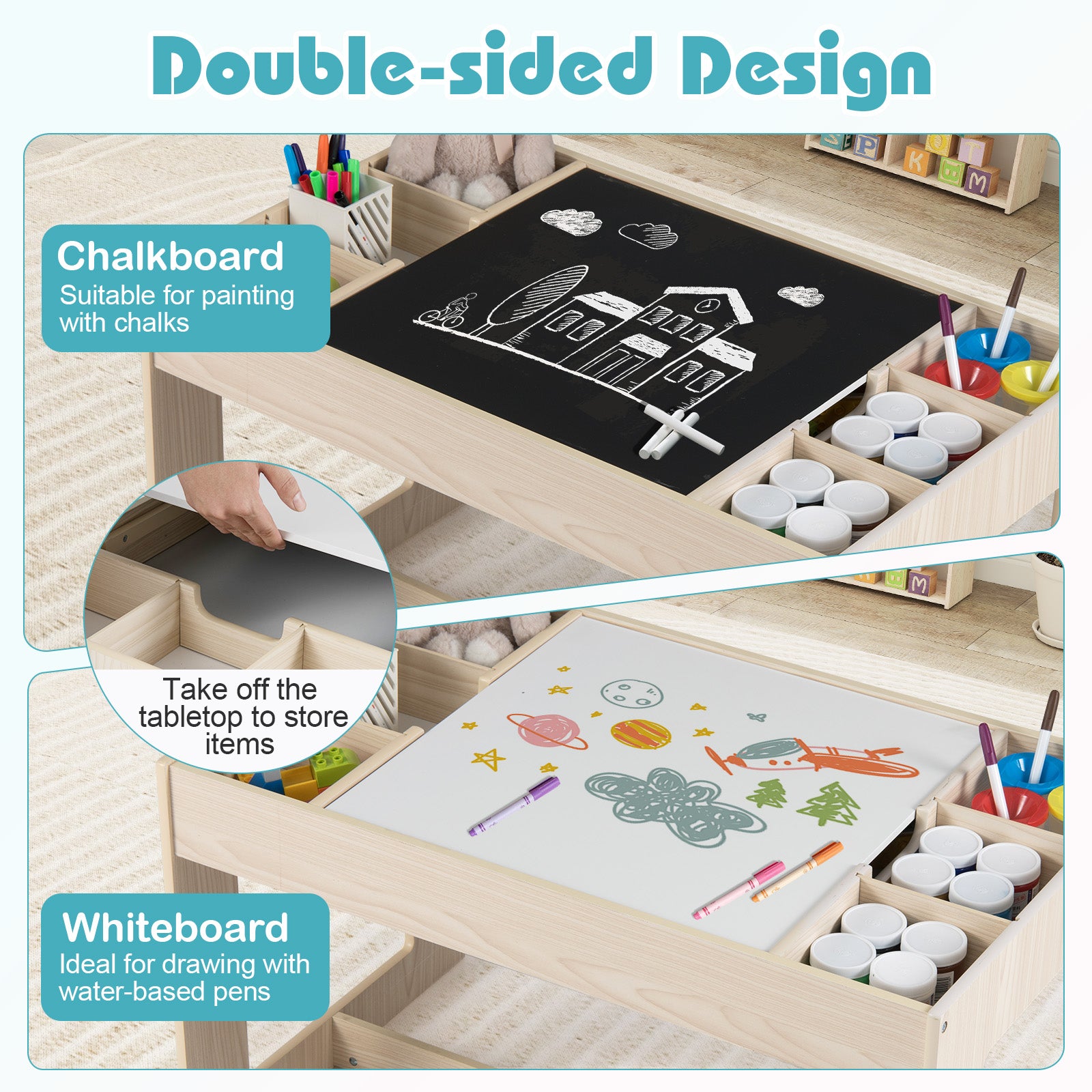 Multifunctional Kids Table and 2 Chairs Set with Chalkboard, Natural Kids Table & Chair Sets at Gallery Canada