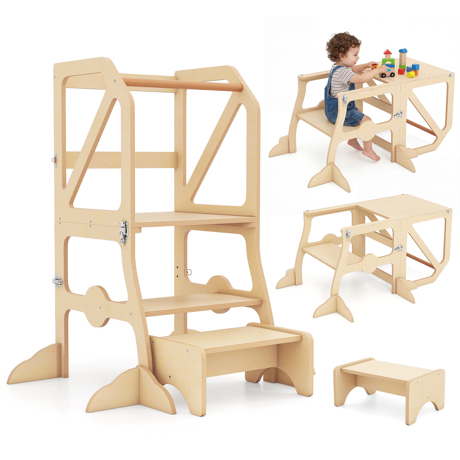 Multifunctional Kids Kitchen Step Stool with Removable Safety Bar and Fixing Buckles Toddler & Kids Furniture at Gallery Canada