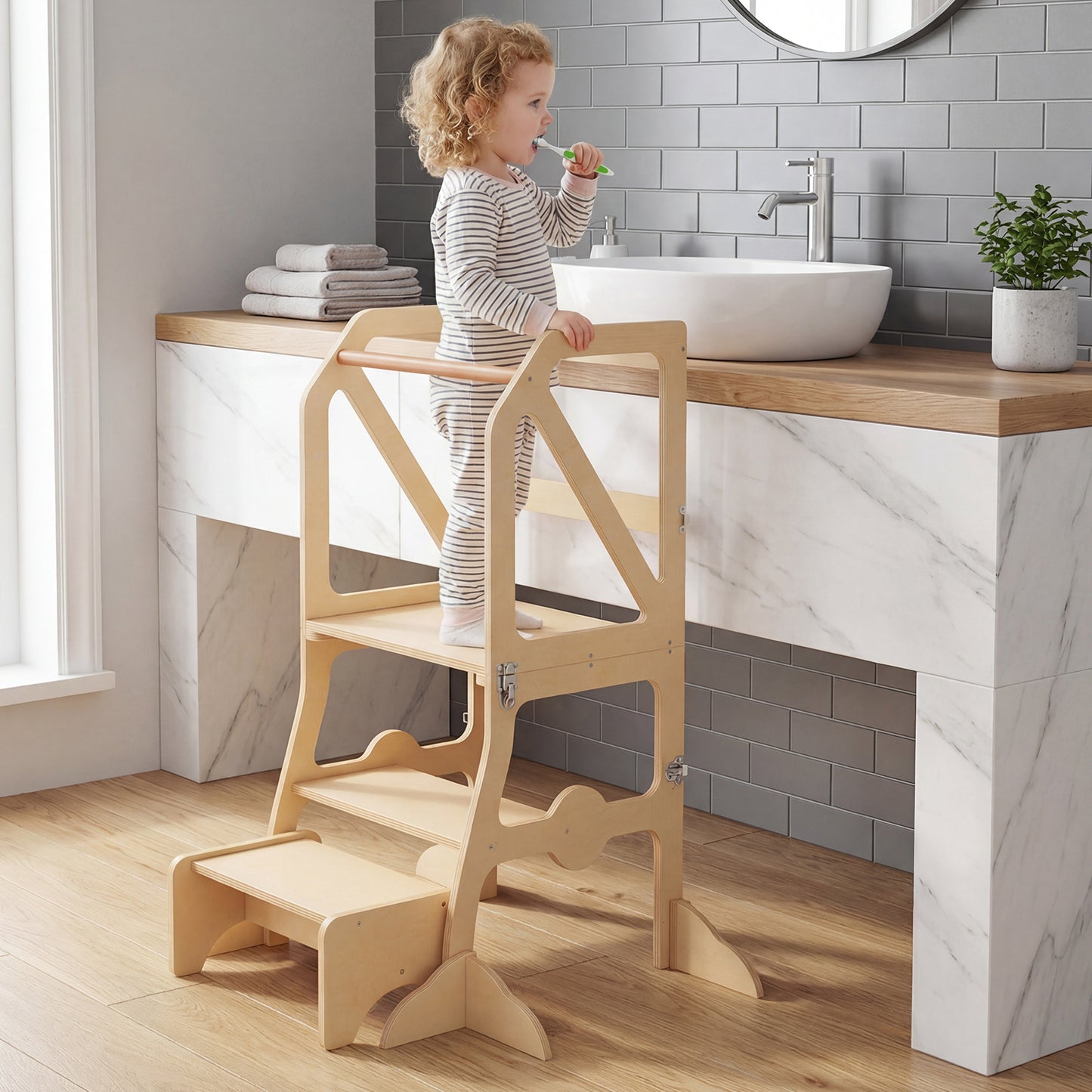 Multifunctional Kids Kitchen Step Stool with Removable Safety Bar and Fixing Buckles Toddler & Kids Furniture at Gallery Canada
