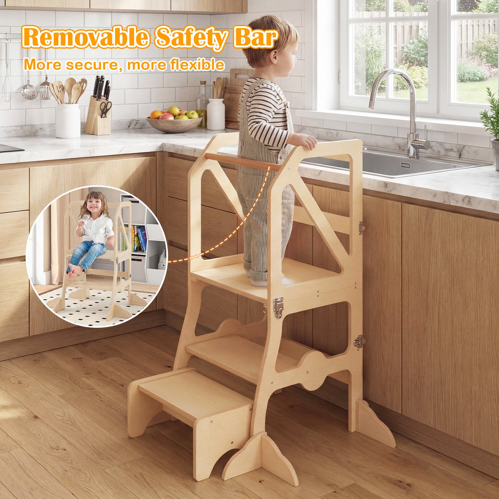 Multifunctional Kids Kitchen Step Stool with Removable Safety Bar and Fixing Buckles Toddler & Kids Furniture at Gallery Canada