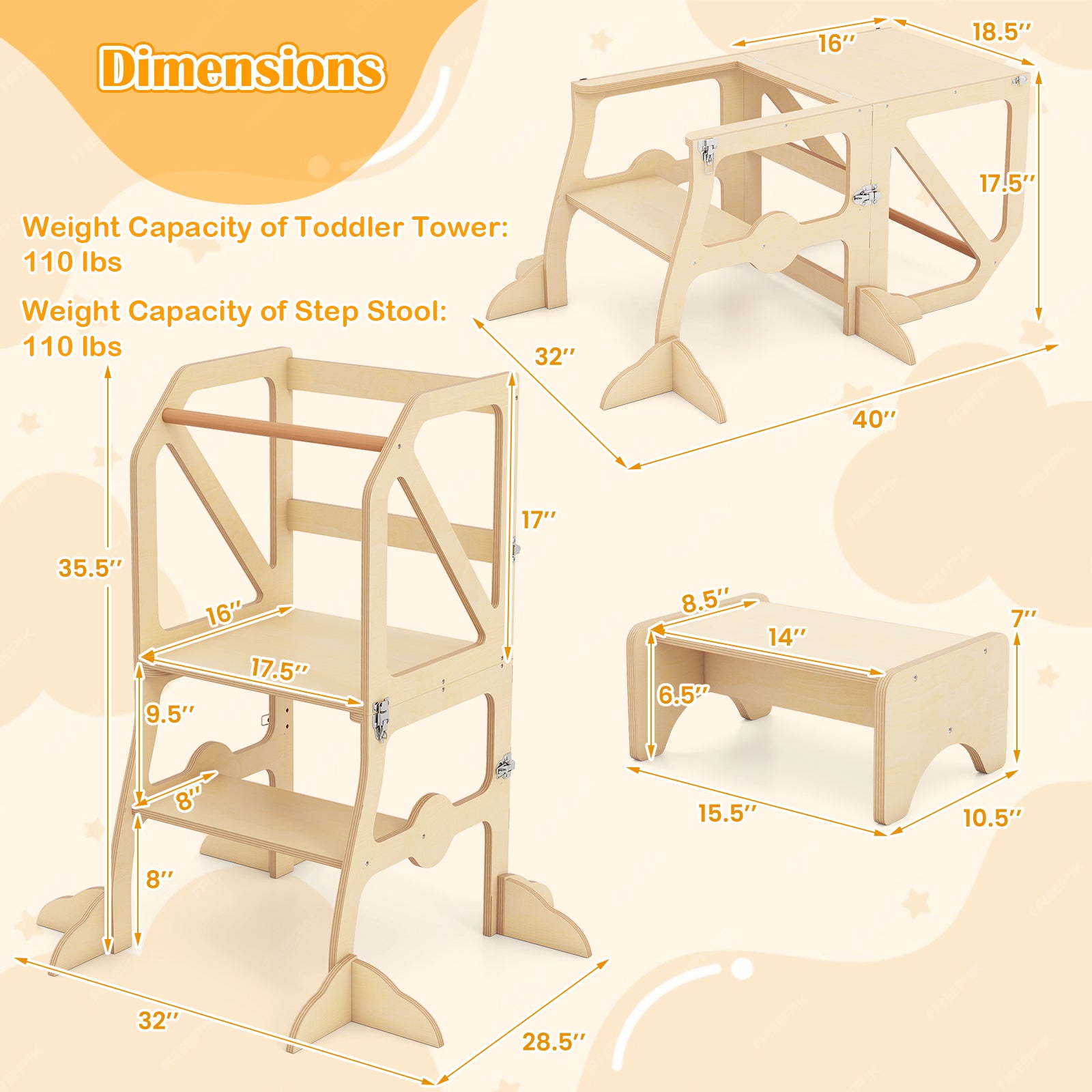 Multifunctional Kids Kitchen Step Stool with Removable Safety Bar and Fixing Buckles Toddler & Kids Furniture at Gallery Canada