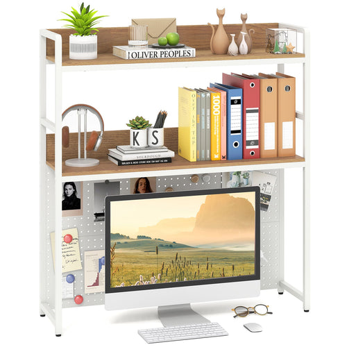 2-Tier Desktop Bookshelf With Pegboard, 32 Inch Monitor, Natural