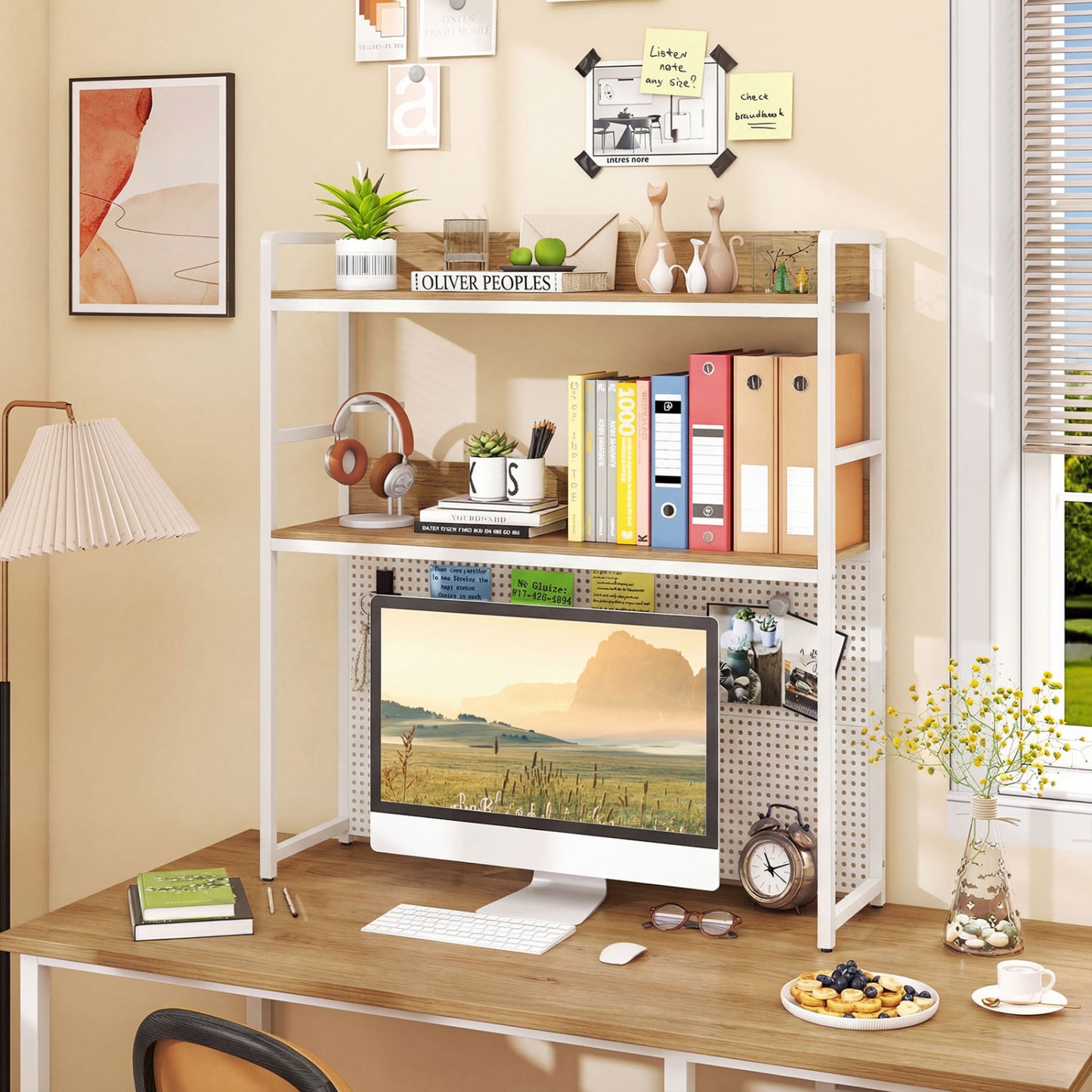 2-Tier Desktop Bookshelf With Pegboard, 32 Inch Monitor, Natural Bookcases at Gallery Canada