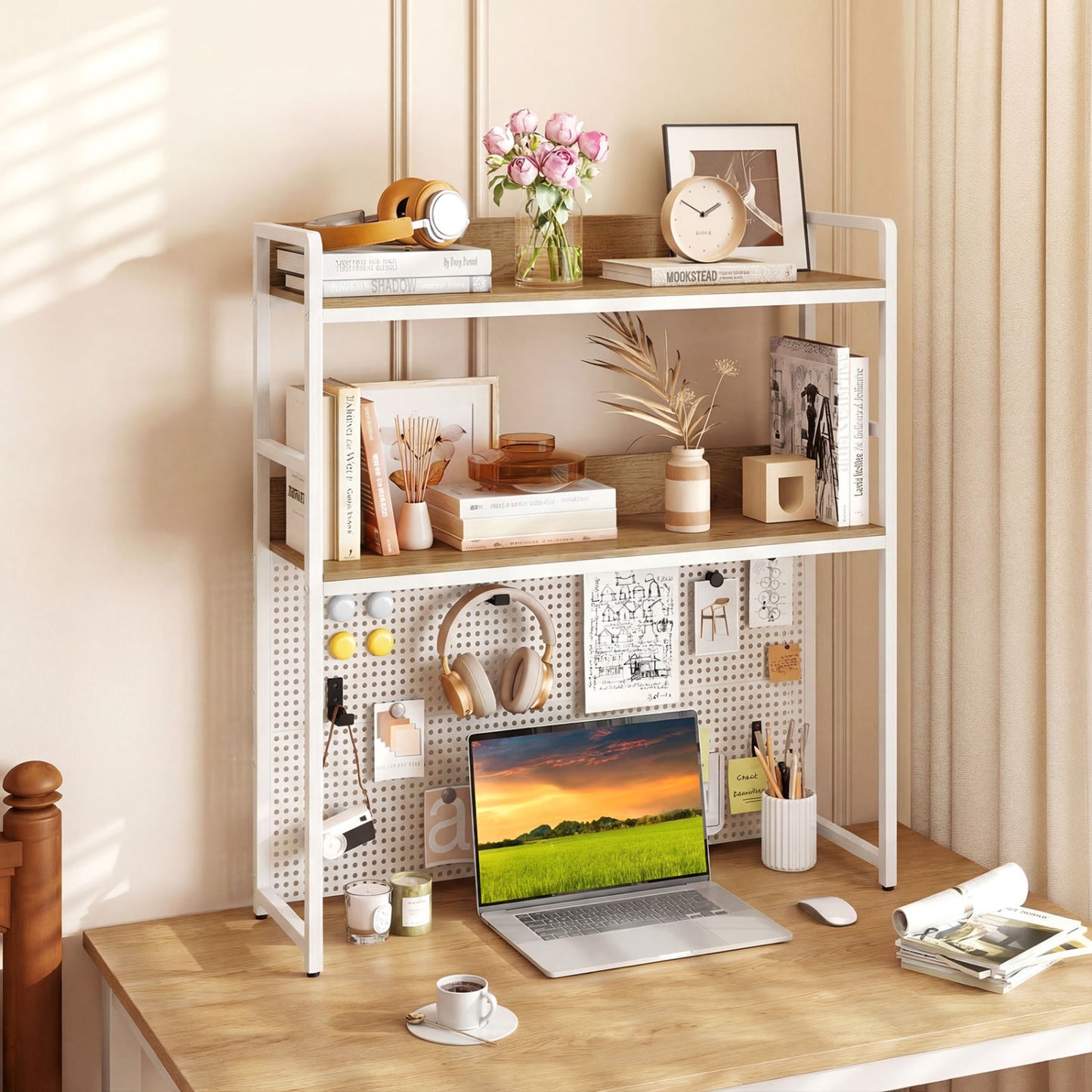 2-Tier Desktop Bookshelf With Pegboard, 32 Inch Monitor, Natural Bookcases at Gallery Canada