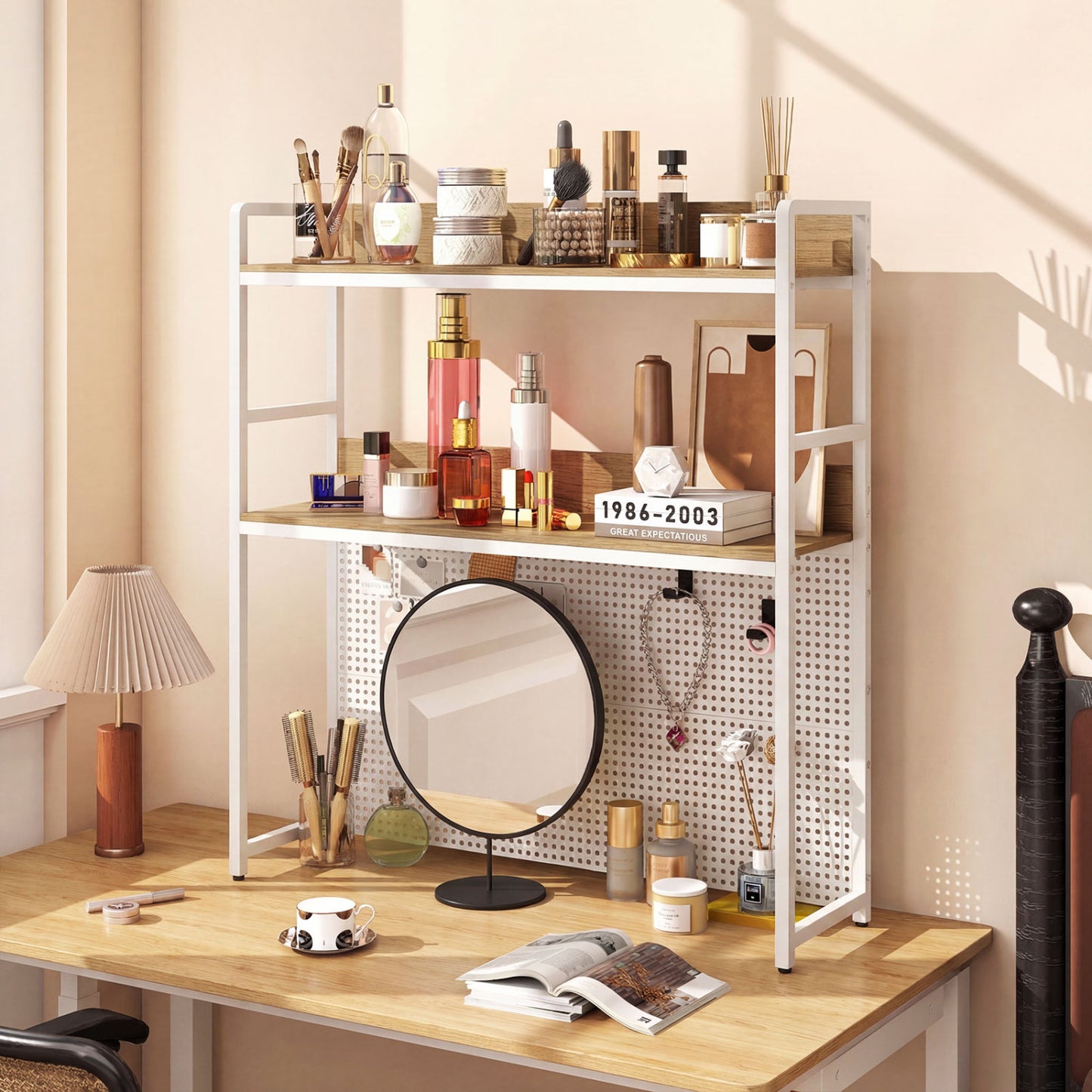 2-Tier Desktop Bookshelf With Pegboard, 32 Inch Monitor, Natural Bookcases at Gallery Canada