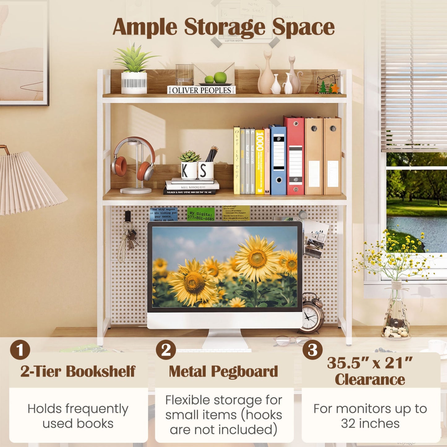 2-Tier Desktop Bookshelf With Pegboard, 32 Inch Monitor, Natural Bookcases at Gallery Canada
