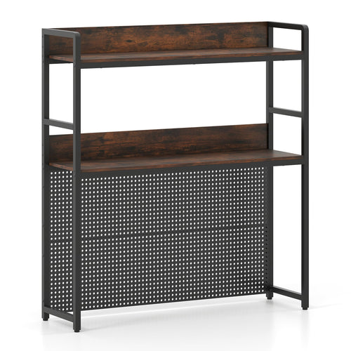 2-Tier Desktop Bookshelf With Pegboard, 32 Inch, Rustic Brown