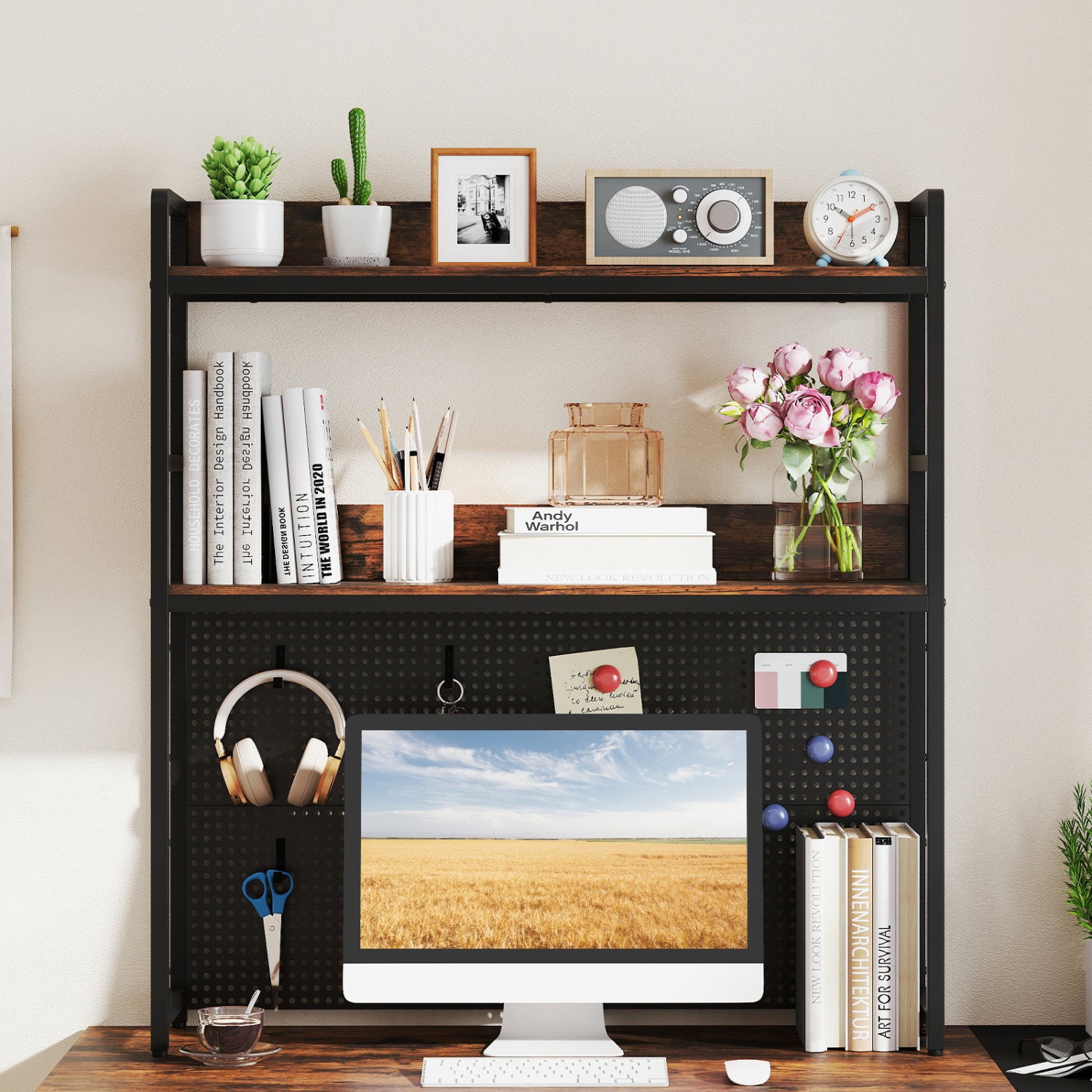 2-Tier Desktop Bookshelf With Pegboard, 32 Inch, Rustic Brown Bookcases at Gallery Canada