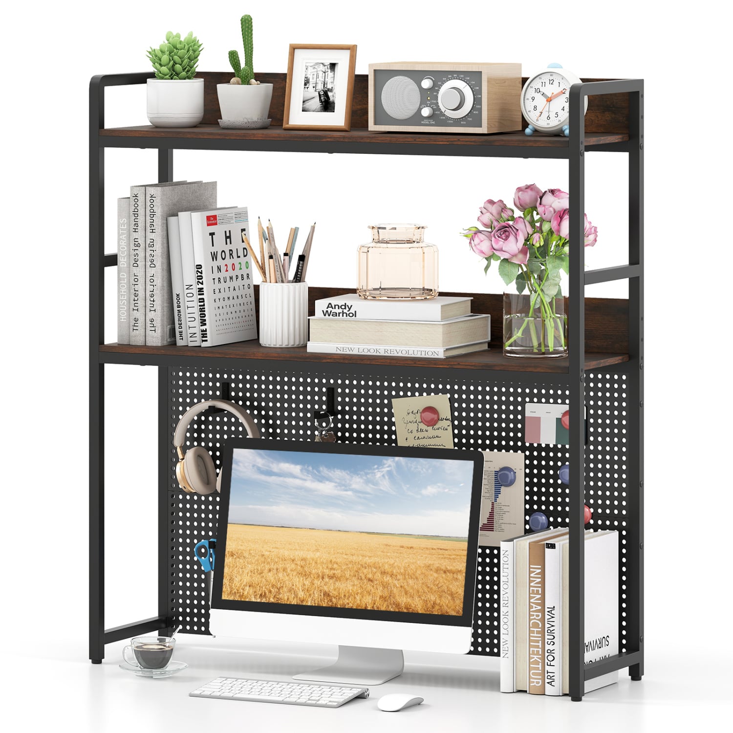 2-Tier Desktop Bookshelf With Pegboard, 32 Inch, Rustic Brown Bookcases at Gallery Canada
