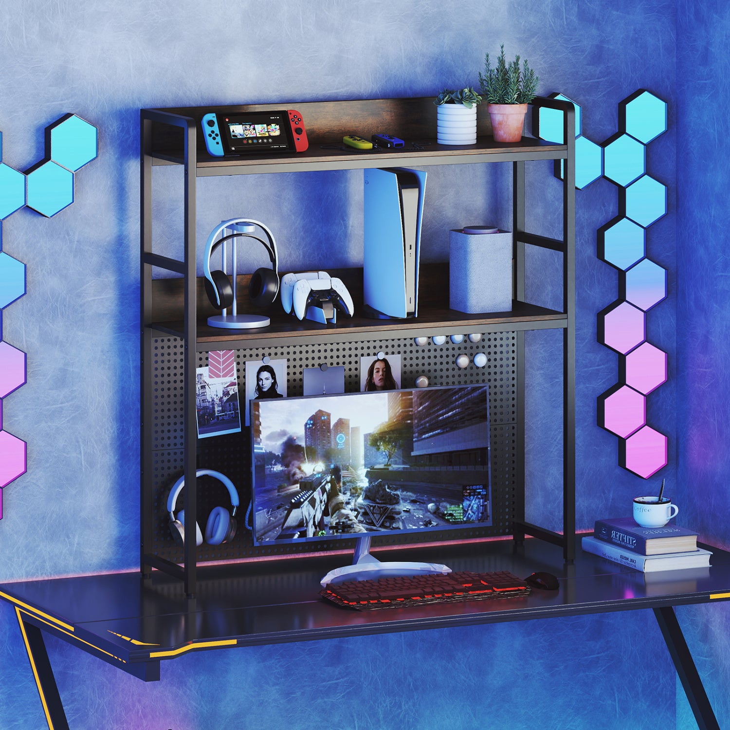 2-Tier Desktop Bookshelf With Pegboard, 32 Inch, Rustic Brown Bookcases at Gallery Canada
