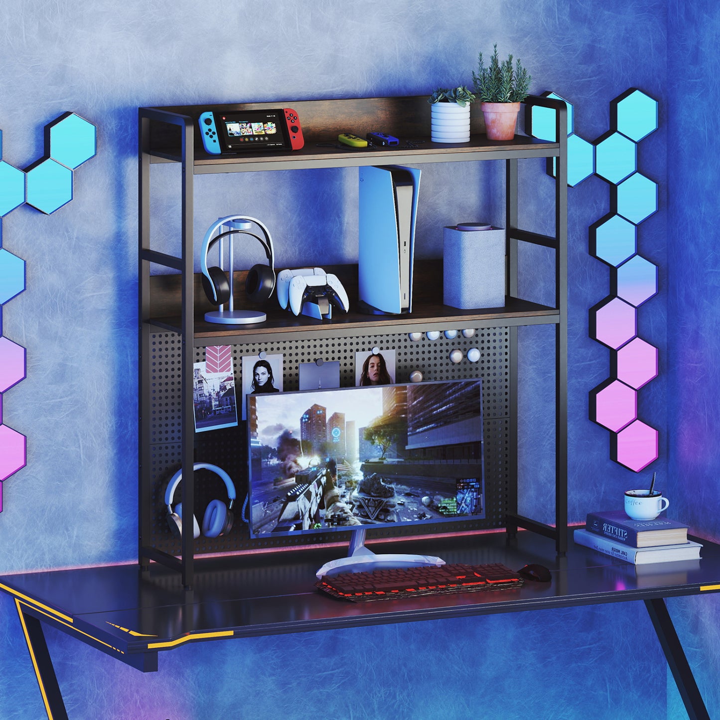 2-Tier Desktop Bookshelf With Pegboard, 32 Inch, Rustic Brown Bookcases at Gallery Canada