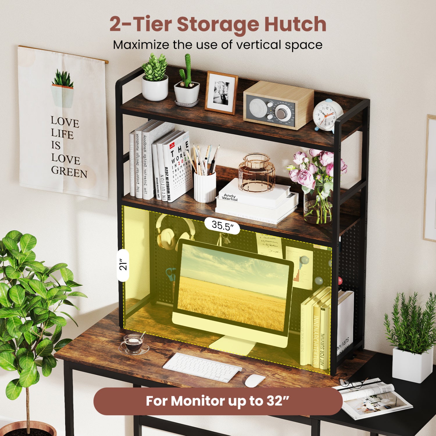 2-Tier Desktop Bookshelf With Pegboard, 32 Inch, Rustic Brown Bookcases at Gallery Canada