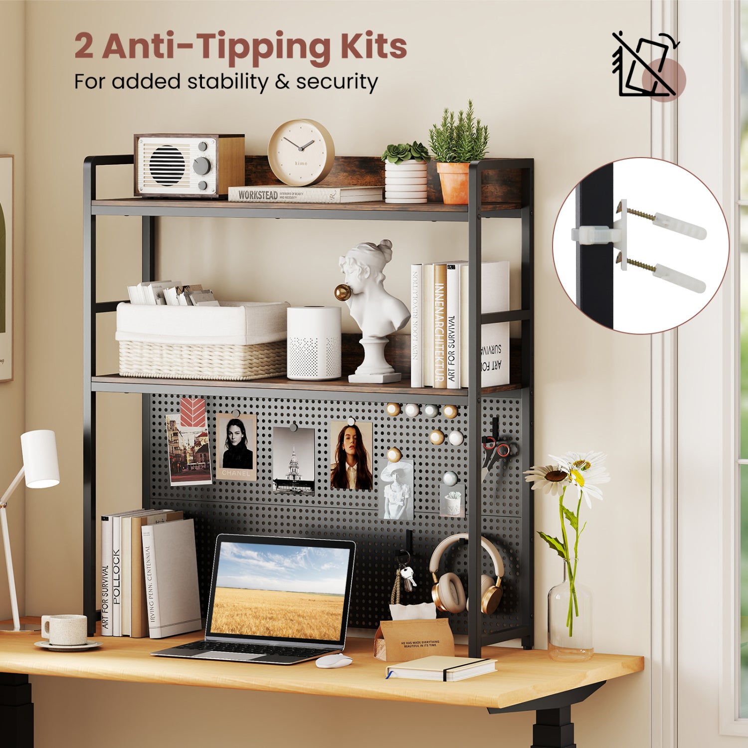 2-Tier Desktop Bookshelf With Pegboard, 32 Inch, Rustic Brown Bookcases at Gallery Canada